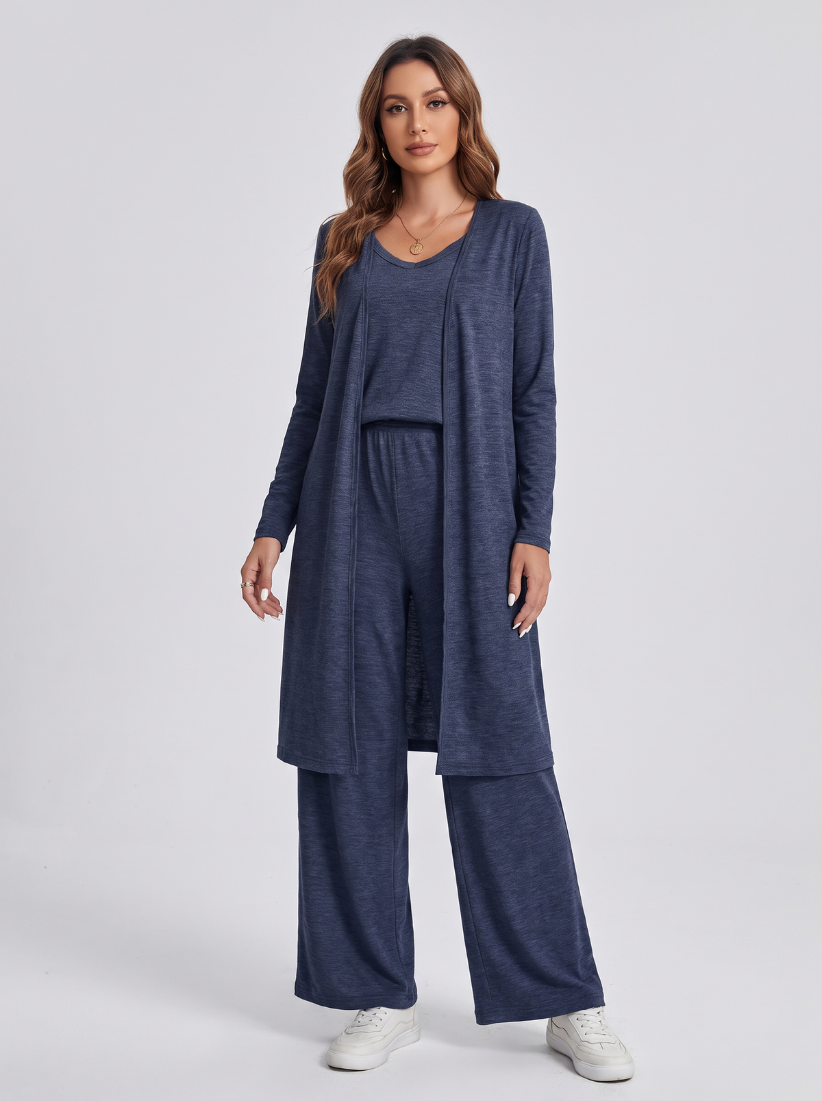 Conjunto Tres Piezas Cárdigan Largo, Top y Pantalón - Azul Marino