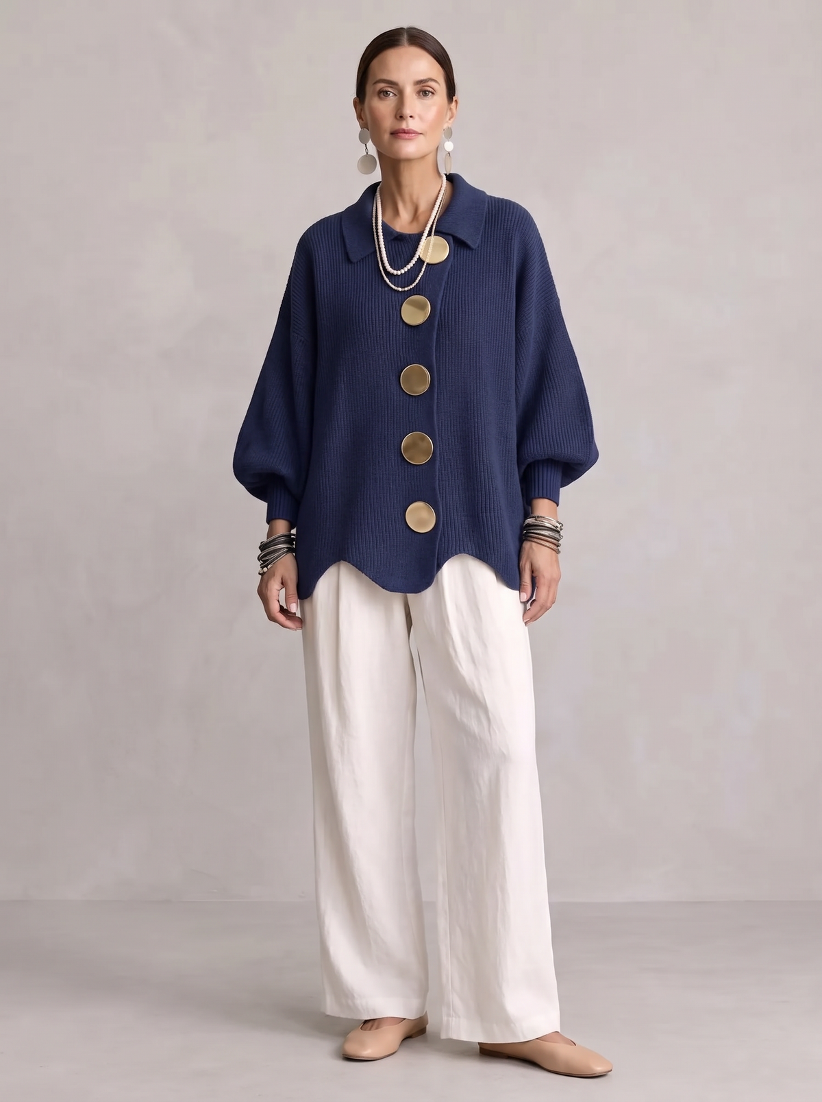Cárdigan Oversize con Botones Dorados - Azul Marino