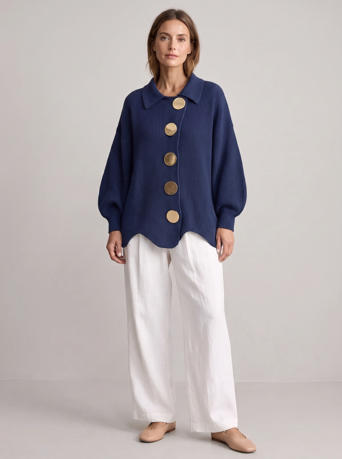 Cárdigan Oversize con Botones Dorados - Azul Marino